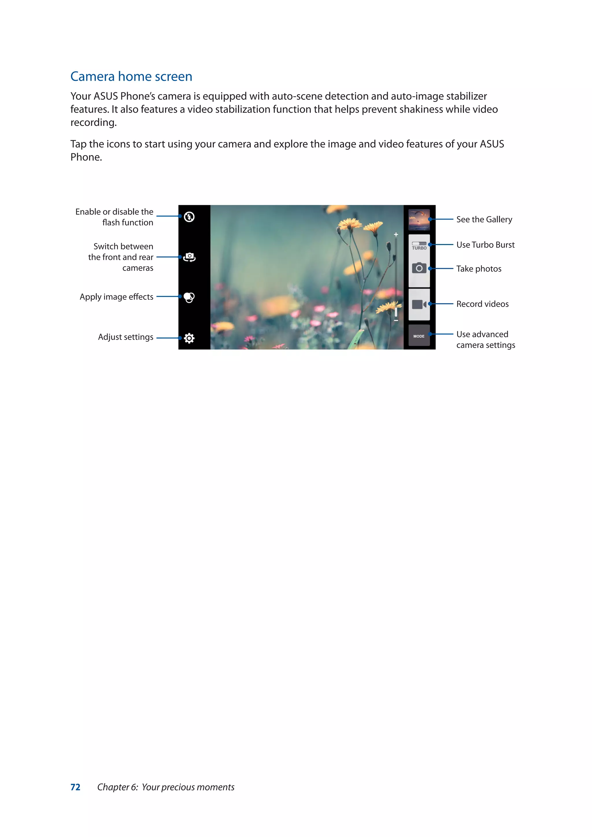 72 Chapter 6: Your precious moments
Camera home screen
Your ASUS Phone’s camera is equipped with auto-scene detection and auto-image stabilizer
features. It also features a video stabilization function that helps prevent shakiness while video
recording.
Tap the icons to start using your camera and explore the image and video features of your ASUS
Phone.
See the Gallery
Use advanced
camera settings
Record videos
Take photos
Use Turbo Burst
Adjust settings
Apply image effects
Switch between
the front and rear
cameras
Enable or disable the
flash function
 