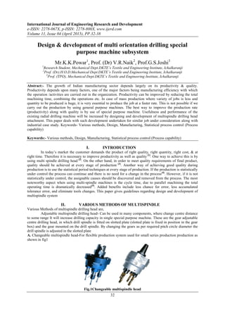 International Journal of Engineering Research and Development
e-ISSN: 2278-067X, p-ISSN: 2278-800X, www.ijerd.com
Volume 11, Issue 04 (April 2015), PP.32-38
32
Design & development of multi orientation drilling special
purpose machine subsystem
Mr.K.K.Powar1
, Prof. (Dr) V.R.Naik2
, Prof.G.S.Joshi3
1
Research Student, Mechanical Dept.DKTE’s Textile and Engineering Institute, Ichalkaranji
2
Prof. (Dr).H.O.D.Mechanical Dept.DKTE’s Textile and Engineering Institute, Ichalkaranji
3
Prof. (TPO), Mechanical Dept.DKTE’s Textile and Engineering Institute, Ichalkaranji
Abstract:- The growth of Indian manufacturing sector depends largely on its productivity & quality.
Productivity depends upon many factors, one of the major factors being manufacturing efficiency with which
the operation /activities are carried out in the organization. Productivity can be improved by reducing the total
machining time, combining the operations etc. In case of mass production where variety of jobs is less and
quantity to be produced is huge, it is very essential to produce the job at a faster rate. This is not possible if we
carry out the production by using general purpose machines. The best way to improve the production rate
(productivity) along with quality is by use of special purpose machine. Usefulness and performance of the
existing radial drilling machine will be increased by designing and development of multispindle drilling head
attachment. This paper deals with such development undertaken for similar job under consideration along with
industrial case study. Keywords- Various methods, Design, Manufacturing, Statistical process control (Process
capability)
Keywords:- Various methods, Design, Manufacturing, Statistical process control (Process capability)
I. INTRODUCTION
In today’s market the customer demands the product of right quality, right quantity, right cost, & at
right time. Therefore it is necessary to improve productivity as well as quality [1]
. One way to achieve this is by
using multi spindle drilling head [2]
. On the other hand, in order to meet quality requirements of final product,
quality should be achieved at every stage of production [3]
. Another way of achieving good quality during
production is to use the statistical period techniques at every stage of production. If the production is statistically
under control the process can continue and there is no need for a change in the process[4]
. However, if it is not
statistically under control, the assignable causes should be discovered and removed from the process. The most
noteworthy aspect when using multi-spindle machines is the cycle time, due to parallel machining the total
operating time is dramatically decreased[5]
. Added benefits include less chance for error, less accumulated
tolerance error, and eliminate tools changes. This paper gives guidelines regarding design and development of
multispindle system
II. VARIOUS METHODS OF MULTISPINDLE
Various Methods of multispindle drilling head are,
Adjustable multispindle drilling head- Can be used in many components, where change centre distance
to some range It will increase drilling capacity in single special purpose machine. These are the gear adjustable
centre drilling head, in which drill spindle is fitted on slotted plate (slotted plate is fixed in position in the gear
box) and the gear mounted on the drill spindle. By changing the gears as per required pitch circle diameter the
drill spindle is adjusted in the slotted plate
A. Changeable multispindle head-For flexible production system used for small series production production as
shown in fig1
Fig.1Changeable multispindle head
 