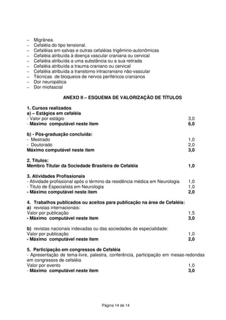 Página 14 de 14
– Migrânea.
– Cefaléia do tipo tensional.
– Cefaléias em salvas e outras cefaléias trigêmino-autonômicas
– Cefaléia atribuída à doença vascular craniana ou cervical
– Cefaléia atribuída a uma substância ou a sua retirada
– Cefaléia atribuída a trauma craniano ou cervical
– Cefaléia atribuída a transtorno intracraniano não-vascular
– Técnicas de bloqueios de nervos periféricos cranianos
– Dor neuropática
– Dor miofascial
ANEXO II – ESQUEMA DE VALORIZAÇÃO DE TÍTULOS
1. Cursos realizados
a) – Estágios em cefaléia
- Valor por estágio 3,0
- Máximo computável neste item 6,0
b) - Pós-graduação concluída:
- Mestrado 1,0
- Doutorado 2,0
Máximo computável neste item 3,0
2. Títulos:
Membro Titular da Sociedade Brasileira de Cefaléia 1,0
3. Atividades Profissionais
- Atividade profissional após o término da residência médica em Neurologia 1,0
- Titulo de Especialista em Neurologia 1,0
- Máximo computável neste item 2,0
4. Trabalhos publicados ou aceitos para publicação na área de Cefaléia:
a) revistas internacionais:
Valor por publicação 1,5
- Máximo computável neste item 3,0
b) revistas nacionais indexadas ou das sociedades de especialidade:
Valor por publicação 1,0
- Máximo computável neste item 2,0
5. Participação em congressos de Cefaléia
- Apresentação de tema-livre, palestra, conferência, participação em mesas-redondas
em congressos de cefaléia
Valor por evento 1,0
- Máximo computável neste item 3,0
 