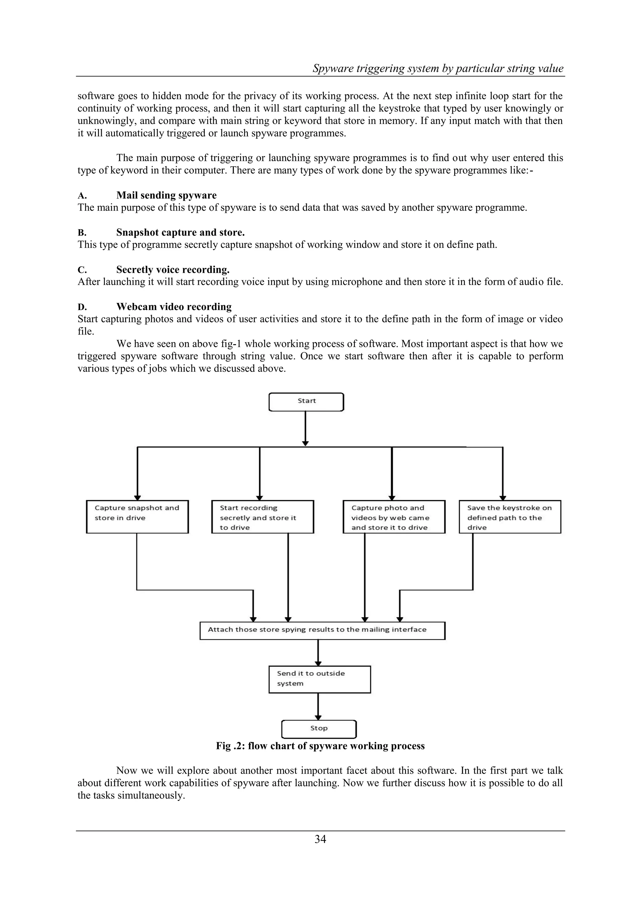 Spyware triggering system by particular string value 34 software goes to hidden mode for the privacy of its working process. At the next step infinite loop start for the continuity of working process, and then it will start capturing all the keystroke that typed by user knowingly or unknowingly, and compare with main string or keyword that store in memory. If any input match with that then it will automatically triggered or launch spyware programmes. The main purpose of triggering or launching spyware programmes is to find out why user entered this type of keyword in their computer. There are many types of work done by the spyware programmes like:- A. Mail sending spyware The main purpose of this type of spyware is to send data that was saved by another spyware programme. B. Snapshot capture and store. This type of programme secretly capture snapshot of working window and store it on define path. C. Secretly voice recording. After launching it will start recording voice input by using microphone and then store it in the form of audio file. D. Webcam video recording Start capturing photos and videos of user activities and store it to the define path in the form of image or video file. We have seen on above fig-1 whole working process of software. Most important aspect is that how we triggered spyware software through string value. Once we start software then after it is capable to perform various types of jobs which we discussed above. Fig .2: flow chart of spyware working process Now we will explore about another most important facet about this software. In the first part we talk about different work capabilities of spyware after launching. Now we further discuss how it is possible to do all the tasks simultaneously. 