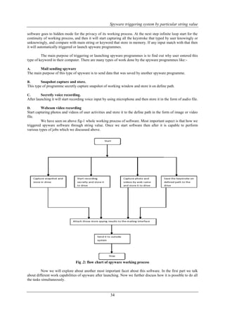 Spyware triggering system by particular string value
34
software goes to hidden mode for the privacy of its working process. At the next step infinite loop start for the
continuity of working process, and then it will start capturing all the keystroke that typed by user knowingly or
unknowingly, and compare with main string or keyword that store in memory. If any input match with that then
it will automatically triggered or launch spyware programmes.
The main purpose of triggering or launching spyware programmes is to find out why user entered this
type of keyword in their computer. There are many types of work done by the spyware programmes like:-
A. Mail sending spyware
The main purpose of this type of spyware is to send data that was saved by another spyware programme.
B. Snapshot capture and store.
This type of programme secretly capture snapshot of working window and store it on define path.
C. Secretly voice recording.
After launching it will start recording voice input by using microphone and then store it in the form of audio file.
D. Webcam video recording
Start capturing photos and videos of user activities and store it to the define path in the form of image or video
file.
We have seen on above fig-1 whole working process of software. Most important aspect is that how we
triggered spyware software through string value. Once we start software then after it is capable to perform
various types of jobs which we discussed above.
Fig .2: flow chart of spyware working process
Now we will explore about another most important facet about this software. In the first part we talk
about different work capabilities of spyware after launching. Now we further discuss how it is possible to do all
the tasks simultaneously.
 