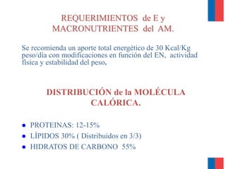 Se recomienda un aporte total energético de 30 Kcal/Kg
peso/día con modificaciones en función del EN, actividad
física y estabilidad del peso.
DISTRIBUCIÓN de la MOLÉCULA
CALÓRICA.
 PROTEINAS: 12-15%
 LÍPIDOS 30% ( Distribuidos en 3/3)
 HIDRATOS DE CARBONO 55%
REQUERIMIENTOS de E y
MACRONUTRIENTES del AM.
 