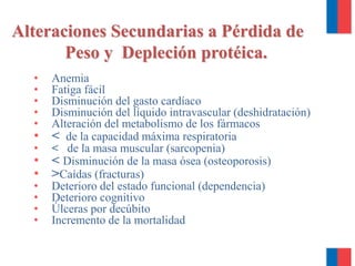 Alteraciones Secundarias a Pérdida de
Peso y Depleción protéica.
• Anemia
• Fatiga fácil
• Disminución del gasto cardíaco
• Disminución del líquido intravascular (deshidratación)
• Alteración del metabolismo de los fármacos
• < de la capacidad máxima respiratoria
• < de la masa muscular (sarcopenia)
• < Disminución de la masa ósea (osteoporosis)
• >Caídas (fracturas)
• Deterioro del estado funcional (dependencia)
• Deterioro cognitivo
• Úlceras por decúbito
• Incremento de la mortalidad
 