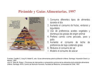 Pirámide y Guías Alimentarias. 1997
Fuentes: Castillo C, Uuay R, Atalah E, eds. Guías alimentarias pata la población chilena. Santiago: Impresión Diario La
Nación; 1997.
Jury G, Taibo M, Rojas J. Porciones de intercambio y composición química de los alimentos de la pirámide alimentaria
chilena. Santiago: INTA, Centro de Nutrición Humana, Facultad de Medicina, Universidad de Chile; 1997.
 