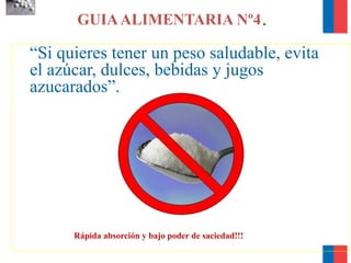 GUIAALIMENTARIA Nº4.
“Si quieres tener un peso saludable, evita
el azúcar, dulces, bebidas y jugos
azucarados”.
Rápida absorción y bajo poder de saciedad!!!
 