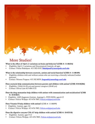 More Studies! 
What is the effect of 16p11.2 variations on brain and behavior? (CHR #: 11-06454) 
• Eligibility:16p11.2 variations and Neurotypical Controls; all ages 
• Contact: Polina Bukshpun: 415.502.0183, BukshpunP@neuropeds.ucsf.edu 
What is the relationship between oxytoxin, autism and social function? (CHR #: 11-08189) 
• Eligibility:children with and without autism who are receiving a clinically indicated lumbar 
puncture. 
• Contact: Brieana Fregeau: 415.502.8039, fregeaub@neurology.ucsf.edu 
Does oxytocin help communication between parents and children with autism? (CHR #10-04286) 
• Eligibility: Child (14-28 yrs) and parent/caregiver (30-60 yrs) 
• Contact: Olivia Lam 415-484-5132 
Does the drug memantine help children with autism with communication and socialization? (CHR 
#: 10-01867) 
• Eligibility: ASD diagnosis (Autism, Asperger’s, PDD-NOS); ages 6-12 
• Contact: Felicia Widjaja: 415-476-7803, Felicia.widjaja@ucsf.edu 
Does Vitamin D help children with autism? (CHR #: 11-06899) 
• Eligibility: Autism; ages 3-8 
• Contact: Felicia Widjaja: 415-476-7803, Felicia.widjaja@ucsf.edu 
Does the digestive enzyme CM-AT help children with autism? (CHR #: 10-03510) 
• Eligibility: Autism; ages 9-12 
• Contact: Felicia Widjaja: 415-476-7803, Felicia.widjaja@ucsf.edu 
 