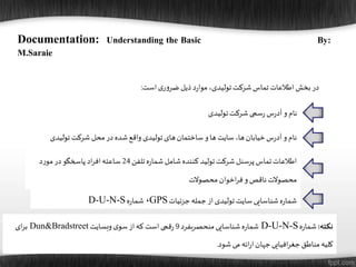 Documentation: Understanding the Basic By:
M.Saraie
‫است‬‫ی‬‫ر‬‫و‬‫ضر‬ ‫ذیل‬ ‫د‬‫ر‬‫موا‬ ،‫تولیدی‬‫شرکت‬‫تماس‬‫اطالعات‬‫بخش‬‫در‬:
‫تولیدی‬‫شرکت‬ ‫سمی‬‫ر‬‫س‬‫ر‬‫آد‬‫و‬ ‫نام‬
‫تولیدی‬‫شرکت‬ ‫محل‬‫در‬‫شده‬‫واقع‬ ‫تولیدی‬‫های‬‫ساختمان‬‫و‬ ‫ها‬‫سایت‬،‫ها‬‫خیابان‬‫س‬‫ر‬‫آد‬‫و‬ ‫نام‬
‫تلفن‬‫ه‬‫ر‬‫شما‬ ‫شامل‬‫کننده‬ ‫تولید‬‫شرکت‬ ‫پرسنل‬‫تماس‬‫اطالعات‬24‫د‬‫ر‬‫مو‬‫در‬‫پاسخگو‬ ‫اد‬‫ر‬‫اف‬‫ساعته‬
‫محصوالت‬‫اخوان‬‫ر‬‫ف‬‫و‬ ‫ناقص‬‫محصوالت‬
‫جزئیات‬‫جمله‬‫از‬ ‫تولیدی‬‫سایت‬‫شناسایی‬‫ه‬‫ر‬‫شما‬GPS،‫ه‬‫ر‬‫شما‬D-U-N-S
‫نکته‬:‫ه‬‫ر‬‫شما‬D-U-N-S‫منحصربفرد‬‫شناسایی‬‫ه‬‫ر‬‫شما‬9‫وبسایت‬ ‫ی‬‫سو‬‫از‬‫که‬ ‫است‬‫قمی‬‫ر‬Dun&Bradstreet‫ای‬‫ر‬‫ب‬
‫شود‬ ‫می‬ ‫ائه‬‫ر‬‫ا‬‫جهان‬‫افیایی‬‫ر‬‫جغ‬‫مناطق‬‫کلیه‬.
 