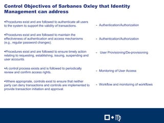 15
Control Objectives of Sarbanes Oxley that Identity
Management can address

'Procedures exist and are followed to authenticate all users
to the system to support the validity of transactions.          - Authentication/Authorization


'Procedures exist and are followed to maintain the
effectiveness of authentication and access mechanisms           - Authentication/Authorization
(e.g., regular password changes).

'Procedures exist and are followed to ensure timely action      - User Provisioning/De-provisioning
relating to requesting, establishing, issuing, suspending and
user accounts.

'A control process exists and is followed to periodically
review and confirm access rights.                               - Monitoring of User Access


'Where appropriate, controls exist to ensure that neither
party can deny transactions and controls are implemented to     - Workflow and monitoring of workflows
provide transaction initiation and approval.




                                                                                15


                                                                     !"#             !"#
 