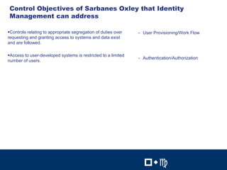 16
Control Objectives of Sarbanes Oxley that Identity
Management can address

'Controls relating to appropriate segregation of duties over   - User Provisioning/Work Flow
requesting and granting access to systems and data exist
and are followed.

'Access to user-developed systems is restricted to a limited
                                                               - Authentication/Authorization
number of users.




                                                                            16


                                                                 !"#             !"#
 