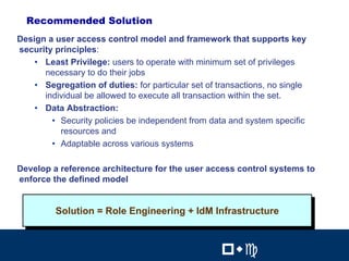 20

  Recommended Solution
Design a user access control model and framework that supports key
security principles:
    • Least Privilege: users to operate with minimum set of privileges
      necessary to do their jobs
    • Segregation of duties: for particular set of transactions, no single
      individual be allowed to execute all transaction within the set.
    • Data Abstraction:
        • Security policies be independent from data and system specific
          resources and
        • Adaptable across various systems

Develop a reference architecture for the user access control systems to
enforce the defined model


         Solution = Role Engineering + IdM Infrastructure
         Solution = Role Engineering + IdM Infrastructure

                                                            20


                                                    !"#          !"#
 