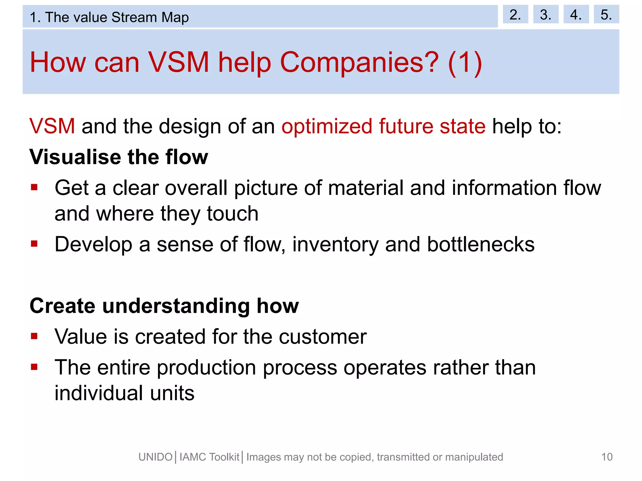 How can VSM help Companies? (1)
UNIDO│IAMC Toolkit│Images may not be copied, transmitted or manipulated 10
VSM and the design of an optimized future state help to:
Visualise the flow
 Get a clear overall picture of material and information flow
and where they touch
 Develop a sense of flow, inventory and bottlenecks
Create understanding how
 Value is created for the customer
 The entire production process operates rather than
individual units
1. The value Stream Map 2. 3. 4. 5.
 