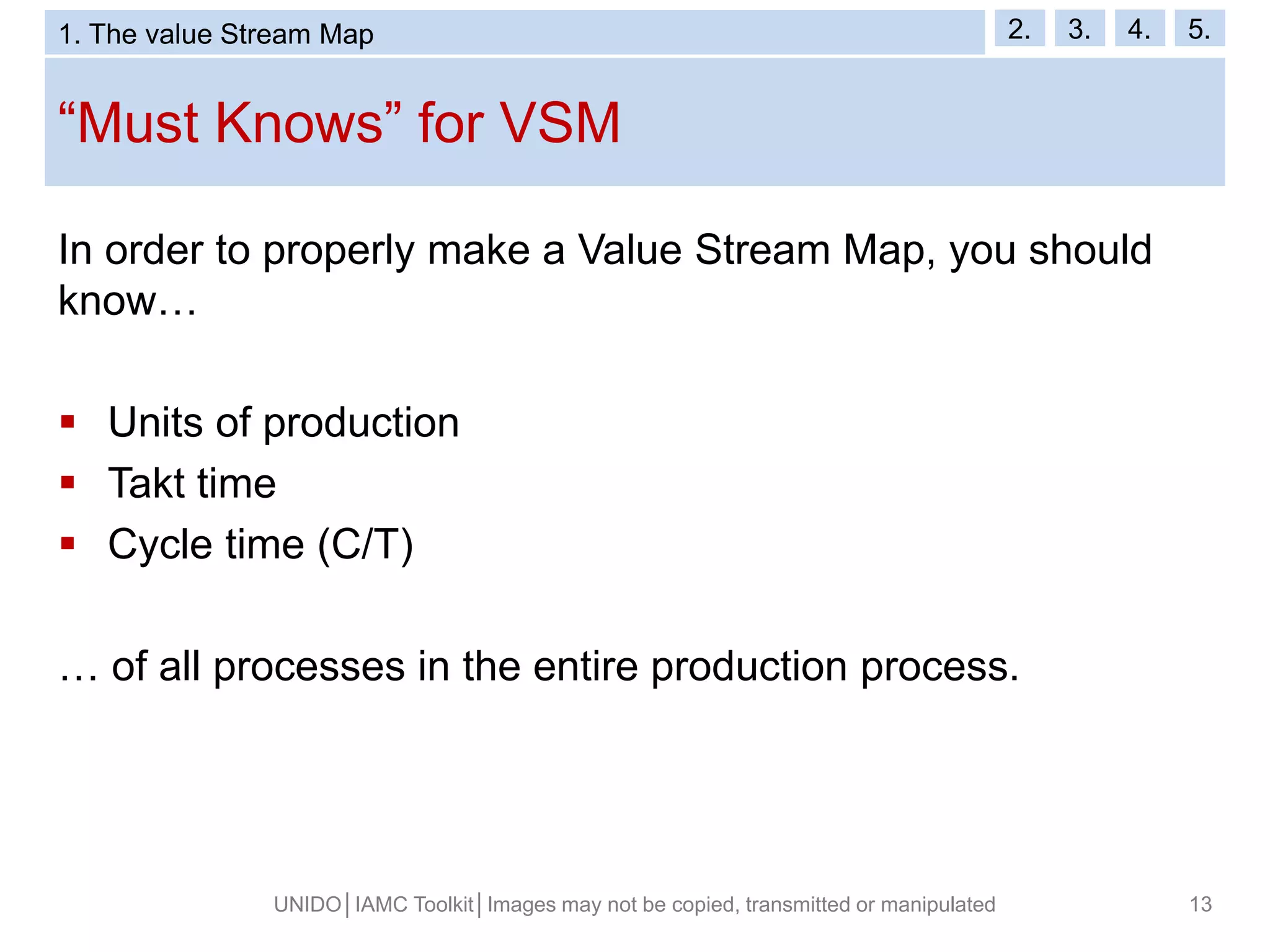 “Must Knows” for VSM
UNIDO│IAMC Toolkit│Images may not be copied, transmitted or manipulated 13
In order to properly make a Value Stream Map, you should
know…
 Units of production
 Takt time
 Cycle time (C/T)
… of all processes in the entire production process.
1. The value Stream Map 2. 3. 4. 5.
 