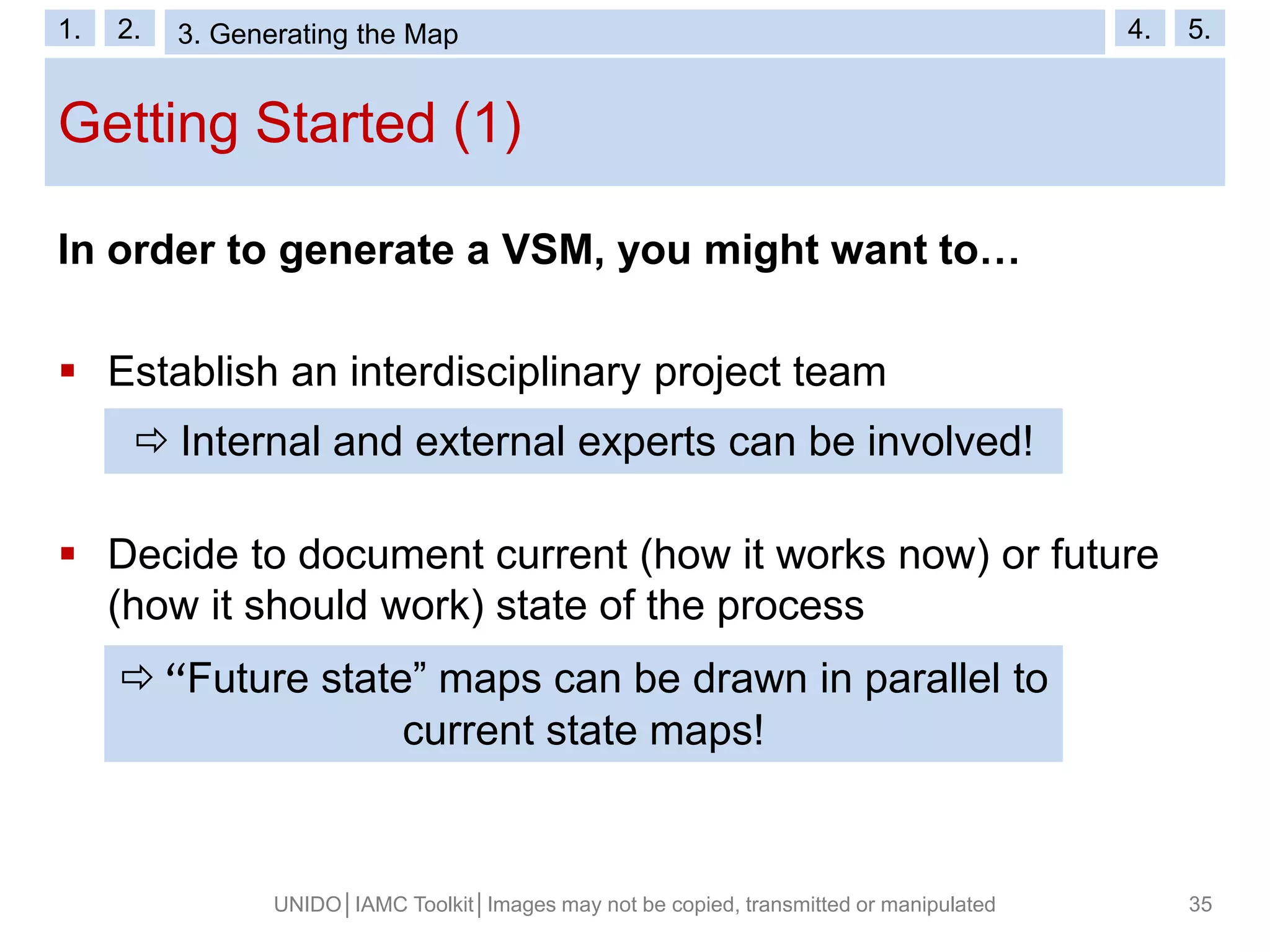 Getting Started (1)
UNIDO│IAMC Toolkit│Images may not be copied, transmitted or manipulated 35
In order to generate a VSM, you might want to…
 Establish an interdisciplinary project team
 Decide to document current (how it works now) or future
(how it should work) state of the process
 Internal and external experts can be involved!
 “Future state” maps can be drawn in parallel to
current state maps!
1. 2. 3. VSM Symbols 4. 5.1. 2. 3. Generating the Map 4. 5.
 