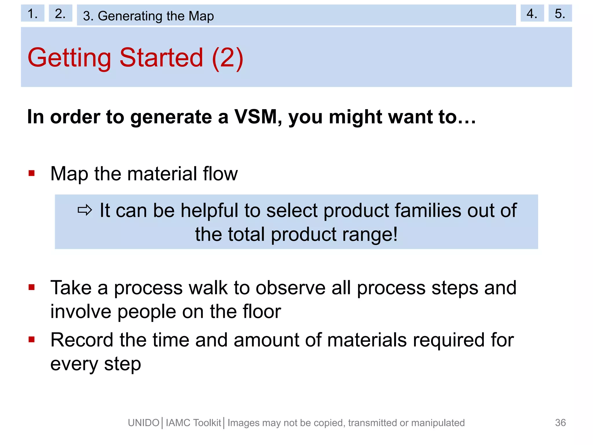 Getting Started (2)
UNIDO│IAMC Toolkit│Images may not be copied, transmitted or manipulated 36
In order to generate a VSM, you might want to…
 Map the material flow
 Take a process walk to observe all process steps and
involve people on the floor
 Record the time and amount of materials required for
every step
 It can be helpful to select product families out of
the total product range!
1. 2. 3. VSM Symbols 4. 5.1. 2. 3. Generating the Map 4. 5.
 