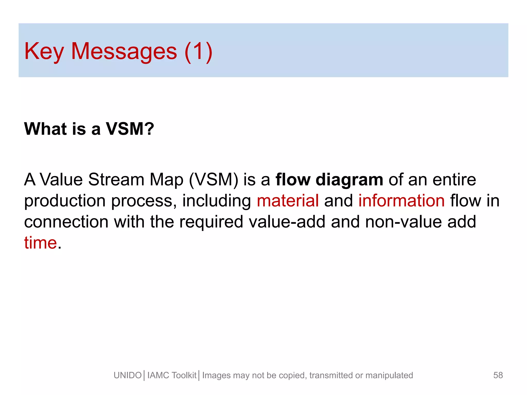 Key Messages (1)
UNIDO│IAMC Toolkit│Images may not be copied, transmitted or manipulated 58
What is a VSM?
A Value Stream Map (VSM) is a flow diagram of an entire
production process, including material and information flow in
connection with the required value-add and non-value add
time.
 