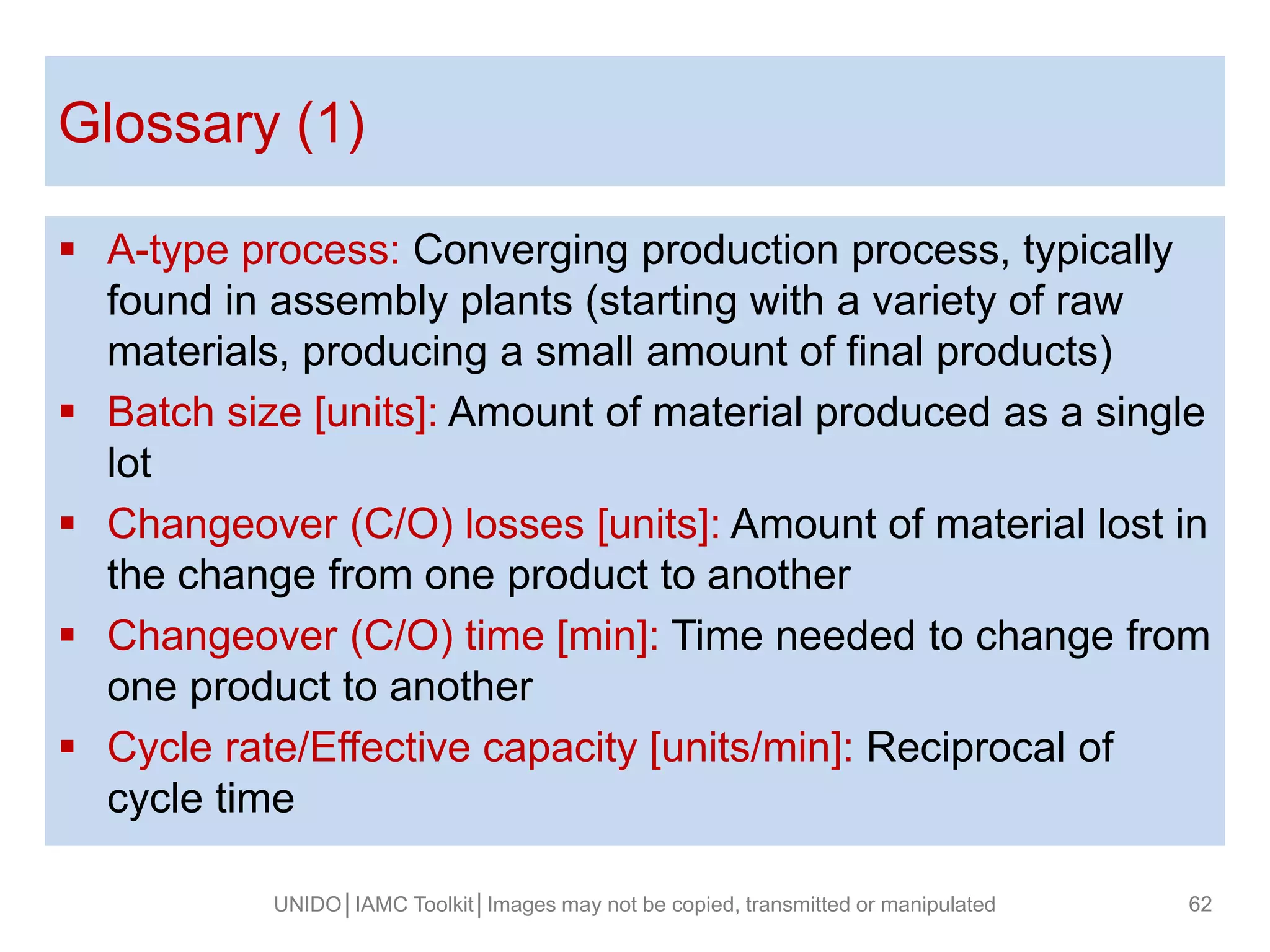  A-type process: Converging production process, typically
found in assembly plants (starting with a variety of raw
materials, producing a small amount of final products)
 Batch size [units]: Amount of material produced as a single
lot
 Changeover (C/O) losses [units]: Amount of material lost in
the change from one product to another
 Changeover (C/O) time [min]: Time needed to change from
one product to another
 Cycle rate/Effective capacity [units/min]: Reciprocal of
cycle time
Glossary (1)
UNIDO│IAMC Toolkit│Images may not be copied, transmitted or manipulated 62
 
