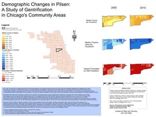 Demographic Changes in Pilsen:
A Study of Gentrification
in Chicago's Community Areas
2000
0 1.5 3 4.5 60.75
Miles
2010
Created by Miles Van Denubrg
and Lilah Wally
·
Legend
0 6.5 13 19.5 263.25
Miles
Median Property
Value per
Household
Hispanic Population
by Total Population
Median Income
per Household
Median Income (in Dollars)
0 - 13177
13178 - 24821
24822 - 34511
34512 - 43929
43930 - 54583
54584 - 69667
69668 - 95396
95397 - 177361
Property Values (in Dollars)
0 - 34199
34200 - 79000
79001 - 111600
111601 - 150300
150301 - 199600
199601 - 271000
271001 - 376700
376701 - 525000
525001- 731300
731301 - 1000001
Percentage of Hispanic Residents
0% - 10.286%
10.287% - 28.371%
28.372% - 50.466%
50.467% - 74.861%
74.862% - 100%
Void Areas
Boundary of Pilsen Neighborhood
Community Area Boundaries within Chicago
WORKS CITED
Source: US Goverment Census 2000 & 2010
Projection: GCS North American 1983
Datum: D North American 1983
Casuso, Jorge, and Eduardo Camacho. Hispanics in Chicago. Chicago,
IL: Reporter and the Center for Community Research and Assistance
of the Community Renewal Society, 1985. Print.
Genova, Nicholas De, and Ana Y. Ramos-Zayas. Latino Crossings:
Mexicans, Puerto Ricans, and the Politics of Race and Citizenship.
New York: Routledge, 2003. Print.
Lees, Loretta, Tom Slater, and Elvin K. Wyly. The Gentrification
Reader. London: Routledge, 2010. Print.
In this map, we examined the changing social and economic demographics in the Chicago community area of the Lower West Side, specifically highlighting the neighborhood of Pilsen.
The purpose of our study is to utilize GIS technology to contribute to studies of Gentrification, defined here as the transformation of a working-class or vacant area of the central city into
a middle-class residential or commercial use area. We also considered the fact that the term gentrification itself is often broad and highly political, and as a result we are specifically examining
the urbanization element of gentrification; for the purposes of our study, we defined urbanization as the process marked by increasing size, density, and heterogeneity of immigrant population clusters.
Gentrification often follows the urbanization of areas and can contribute to increasing property values, displacement of residents and a general loss of culture. Beginning in the 1950s,
funds flagged for urban renewal and redevelopment began to flow into neighborhoods on the North Side with traditionally immigrant populations such as Lincoln Park. Following WWII
with the incremental loss of industrial jobs, neighborhoods began to lose traditional populations and become subjected to blight, poverty and crime. During this time in the 1950s,
there began a mass movement into the neighborhood of Pilsen following a forced removal from the Near West Side. This was in part due to the construction of the University of Illinois at Chicago.
By 1960, the population would swell, with the initial Mexican population of .5% reaching as high as 14%. By 1970, Pilsen had become 55% Mexican population, of whom 22% had been foreign born.
By the late 1970s and 1980s the Hispanic population of Pilsen became affected by poverty and neglect, resulting in high dropout rates, crime, and illness due to factors such as
industrial workplace relocation. Pilsen today is well recognized within the city as a hub for the Mexican community of Chicago. It holds the Mexican Museum of Art, Plaza Tenochtitlan,
and restaurants and food vendors of equally various Mexican regions. Mobilization and organization of residents in Pilsen since the 1950s has resulted in a vibrant environment that has drawn developers.
These same developers are particularly attracted to the neighborhood's proximity to the Loop and the new young college/post college residents. That being said, development in Pilsen has propagated
a communal sense of fear and loathing, directed towards those who are seen to be stripping the community of their heritage and house.
In order to understand the forces at work in Pilsen, we posited three questions:
1) Is there evidence of urban development in Pilsen?
2) If there is evidence of the urban development of Pilsen, what is the evidence of demographic change?
3) Are these demographic changes affecting the public identity of the neighborhood?
 