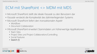 Bronze-Partner: Medien-Partner: Veranstalter:
SharePoint konferenz Wien 2015 New Way of Work
ECM mit SharePoint <> MDM mit MDS
• Microsoft SharePoint stellt die ideale Fassade zu den Benutzern dar
• Fassade versteckt die Komplexität des dahinterliegenden Systems
• Microsoft SharePoint liefert den transaktionalen Aspekt
• Workflows
• Document Collaboration
• Microsoft SharePoint erweitert Stammdaten um höherwertige Applikationen
• Team Sites
• Project Sites und Project Collaboration/Controlling
• Social Features
• Search (!)
 