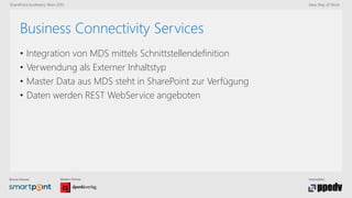 Bronze-Partner: Medien-Partner: Veranstalter:
SharePoint konferenz Wien 2015 New Way of Work
Business Connectivity Services
• Integration von MDS mittels Schnittstellendefinition
• Verwendung als Externer Inhaltstyp
• Master Data aus MDS steht in SharePoint zur Verfügung
• Daten werden REST WebService angeboten
 