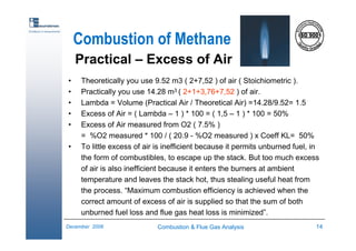 Combustion & Flue Gas Analysis 14December 2006
Excellence in measurements
• Theoretically you use 9.52 m3 ( 2+7,52 ) of air ( Stoichiometric ).
• Practically you use 14.28 m3 ( 2+1+3,76+7,52 ) of air.
• Lambda = Volume (Practical Air / Theoretical Air) =14.28/9.52= 1.5
• Excess of Air = ( Lambda – 1 ) * 100 = ( 1,5 – 1 ) * 100 = 50%
• Excess of Air measured from O2 ( 7.5% )
= %O2 measured * 100 / ( 20.9 - %O2 measured ) x Coeff KL= 50%
• To little excess of air is inefficient because it permits unburned fuel, in
the form of combustibles, to escape up the stack. But too much excess
of air is also inefficient because it enters the burners at ambient
temperature and leaves the stack hot, thus stealing useful heat from
the process. “Maximum combustion efficiency is achieved when the
correct amount of excess of air is supplied so that the sum of both
unburned fuel loss and flue gas heat loss is minimized”.
Combustion of Methane
Practical – Excess of Air
 