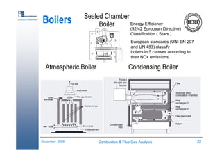 Combustion & Flue Gas Analysis 22December 2006
Excellence in measurements
Boilers
Atmospheric Boiler Condensing Boiler
Sealed Chamber
Boiler Energy Efficiency
(92/42 European Directive)
Classification ( Stars )
European standards (UNI EN 297
and UN 483) classify
boilers in 5 classes according to
their NOx emissions.
 