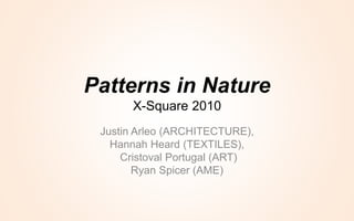 Patterns in Nature
X-Square 2010
Justin Arleo (ARCHITECTURE),
Hannah Heard (TEXTILES),
Cristoval Portugal (ART)
Ryan Spicer (AME)
 