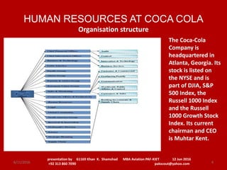 HUMAN RESOURCES AT COCA COLA
Organisation structure
presentation by 61169 Khan K. Shamshad MBA Aviation PAF-KIET 12 Jun 2016
+92 313 860 7090 pakscout@yahoo.com 46/11/2016
The Coca-Cola
Company is
headquartered in
Atlanta, Georgia. Its
stock is listed on
the NYSE and is
part of DJIA, S&P
500 Index, the
Russell 1000 Index
and the Russell
1000 Growth Stock
Index. Its current
chairman and CEO
is Muhtar Kent.
 