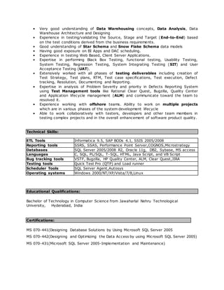 • Very good understanding of Data Warehousing concepts, Data Analysis, Data
Warehouse Architecture and Designing
• Experience in testing/validating the Source, Stage and Target (End-to-End) based
on the test conditions derived from the business requirements.
• Good understanding of Star Schema and Snow Flake Schema data models
• Having good exposure on BI Apps and DAC scheduling.
• Experience in testing Web Based, Client Server Applications.
• Expertise in performing Black Box Testing, functional testing, Usability Testing,
System Testing, Regression Testing, System Integrating Testing (SIT) and User
Acceptance Testing (UAT).
• Extensively worked with all phases of testing deliverables including creation of
Test Strategy, Test plans, RTM, Test case specifications, Test execution, Defect
tracking, Resolution, Documenting and Reporting.
• Expertise in analysis of Problem Severity and priority in Defects Reporting System
using Test Management tools like Rational Clear Quest, Bugzilla, Quality Center
and Application lifecycle management (ALM) and communicate toward the team to
resolved it.
• Experience working with offshore teams. Ability to work on multiple projects
which are in various phases of the system development lifecycle
• Able to work collaboratively with testers, developers and other team members in
testing complex projects and in the overall enhancement of software product quality.
Technical Skills:
ETL Tools Informatica 9.5, SAP BODs 4.1, SSIS 2005/2008
Reporting tools SSRS, SSAS, Performance Point Server,COGNOS,Microstrategy
Databases SQL Server 2005/2008 R2, Oracle 11g, DB2, Sybase, MS access
Languages C, SQL, PL/SQL, T-SQL, HTML, Java Script, and VB Script
Bug tracking tools VSTF, Bugzilla, HP Quality Center, ALM, Clear Quest,JIRA
Testing tools Quick Test Pro (QTP) and Load runner
Scheduler Tools SQL Server Agent,Autosys
Operating systems Windows 2000/NT/XP/Vista/7/8,Linux
Educational Qualifications:
Bachelor of Technology in Computer Science from Jawaharlal Nehru Technological
University, Hyderabad, India
Certifications:
MS 070-441(Designing Database Solutions by Using Microsoft SQL Server 2005
MS 070-442(Designing and Optimizing the Data Access by using Microsoft SQL Server 2005)
MS 070-431(Microsoft SQL Server 2005-Implementation and Maintenance)
 