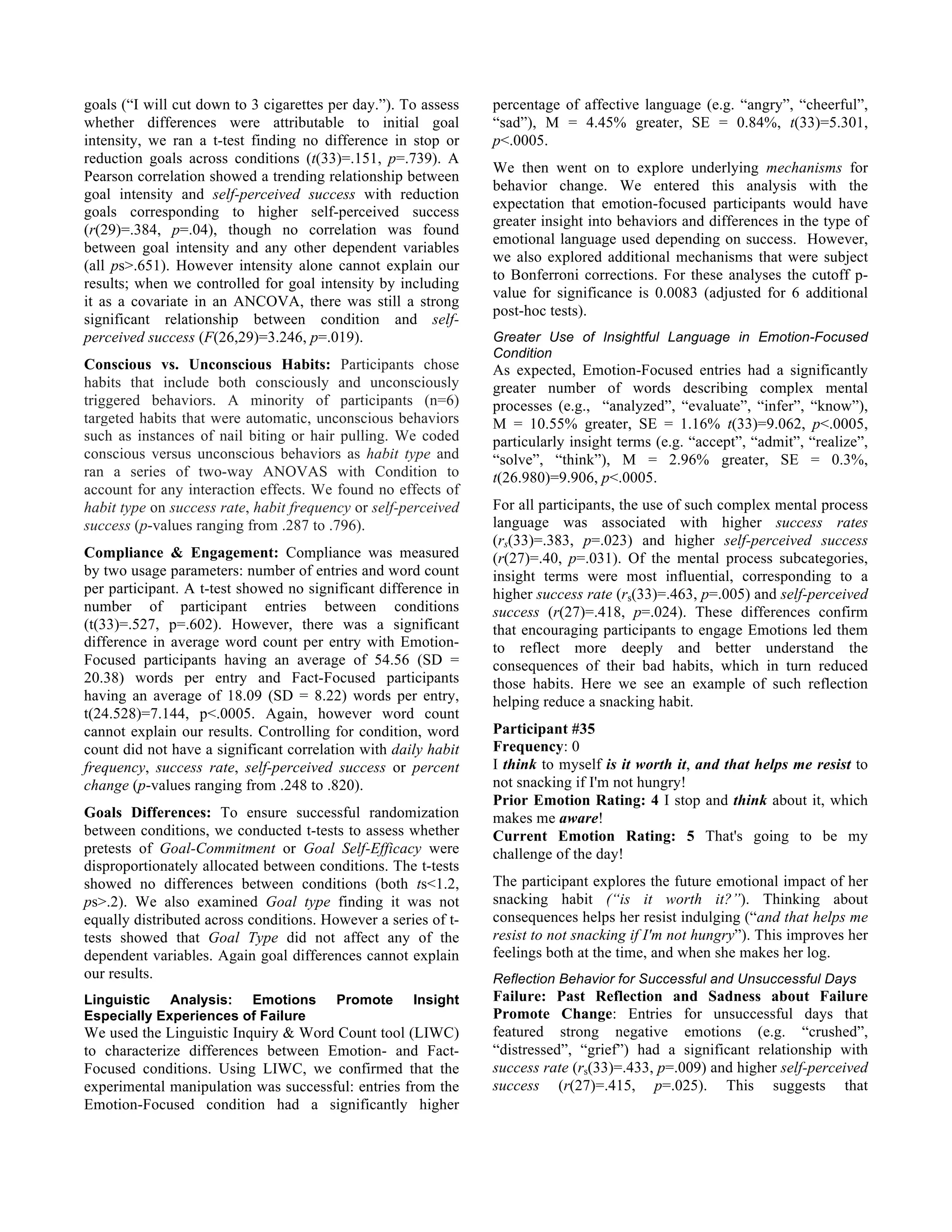 goals (“I will cut down to 3 cigarettes per day.”). To assess
whether differences were attributable to initial goal
intensity, we ran a t-test finding no difference in stop or
reduction goals across conditions (t(33)=.151, p=.739). A
Pearson correlation showed a trending relationship between
goal intensity and self-perceived success with reduction
goals corresponding to higher self-perceived success
(r(29)=.384, p=.04), though no correlation was found
between goal intensity and any other dependent variables
(all ps>.651). However intensity alone cannot explain our
results; when we controlled for goal intensity by including
it as a covariate in an ANCOVA, there was still a strong
significant relationship between condition and self-
perceived success (F(26,29)=3.246, p=.019).
Conscious vs. Unconscious Habits: Participants chose
habits that include both consciously and unconsciously
triggered behaviors. A minority of participants (n=6)
targeted habits that were automatic, unconscious behaviors
such as instances of nail biting or hair pulling. We coded
conscious versus unconscious behaviors as habit type and
ran a series of two-way ANOVAS with Condition to
account for any interaction effects. We found no effects of
habit type on success rate, habit frequency or self-perceived
success (p-values ranging from .287 to .796).
Compliance & Engagement: Compliance was measured
by two usage parameters: number of entries and word count
per participant. A t-test showed no significant difference in
number of participant entries between conditions
(t(33)=.527, p=.602). However, there was a significant
difference in average word count per entry with Emotion-
Focused participants having an average of 54.56 (SD =
20.38) words per entry and Fact-Focused participants
having an average of 18.09 (SD = 8.22) words per entry,
t(24.528)=7.144, p<.0005. Again, however word count
cannot explain our results. Controlling for condition, word
count did not have a significant correlation with daily habit
frequency, success rate, self-perceived success or percent
change (p-values ranging from .248 to .820).
Goals Differences: To ensure successful randomization
between conditions, we conducted t-tests to assess whether
pretests of Goal-Commitment or Goal Self-Efficacy were
disproportionately allocated between conditions. The t-tests
showed no differences between conditions (both ts<1.2,
ps>.2). We also examined Goal type finding it was not
equally distributed across conditions. However a series of t-
tests showed that Goal Type did not affect any of the
dependent variables. Again goal differences cannot explain
our results.
Linguistic Analysis: Emotions Promote Insight
Especially Experiences of Failure
We used the Linguistic Inquiry & Word Count tool (LIWC)
to characterize differences between Emotion- and Fact-
Focused conditions. Using LIWC, we confirmed that the
experimental manipulation was successful: entries from the
Emotion-Focused condition had a significantly higher
percentage of affective language (e.g. “angry”, “cheerful”,
“sad”), M = 4.45% greater, SE = 0.84%, t(33)=5.301,
p<.0005.
We then went on to explore underlying mechanisms for
behavior change. We entered this analysis with the
expectation that emotion-focused participants would have
greater insight into behaviors and differences in the type of
emotional language used depending on success. However,
we also explored additional mechanisms that were subject
to Bonferroni corrections. For these analyses the cutoff p-
value for significance is 0.0083 (adjusted for 6 additional
post-hoc tests).
Greater Use of Insightful Language in Emotion-Focused
Condition
As expected, Emotion-Focused entries had a significantly
greater number of words describing complex mental
processes (e.g., “analyzed”, “evaluate”, “infer”, “know”),
M = 10.55% greater, SE = 1.16% t(33)=9.062, p<.0005,
particularly insight terms (e.g. “accept”, “admit”, “realize”,
“solve”, “think”), M = 2.96% greater, SE = 0.3%,
t(26.980)=9.906, p<.0005.
For all participants, the use of such complex mental process
language was associated with higher success rates
(rs(33)=.383, p=.023) and higher self-perceived success
(r(27)=.40, p=.031). Of the mental process subcategories,
insight terms were most influential, corresponding to a
higher success rate (rs(33)=.463, p=.005) and self-perceived
success (r(27)=.418, p=.024). These differences confirm
that encouraging participants to engage Emotions led them
to reflect more deeply and better understand the
consequences of their bad habits, which in turn reduced
those habits. Here we see an example of such reflection
helping reduce a snacking habit.
Participant #35
Frequency: 0
I think to myself is it worth it, and that helps me resist to
not snacking if I'm not hungry!
Prior Emotion Rating: 4 I stop and think about it, which
makes me aware!
Current Emotion Rating: 5 That's going to be my
challenge of the day!
The participant explores the future emotional impact of her
snacking habit (“is it worth it?”). Thinking about
consequences helps her resist indulging (“and that helps me
resist to not snacking if I'm not hungry”). This improves her
feelings both at the time, and when she makes her log.
Reflection Behavior for Successful and Unsuccessful Days
Failure: Past Reflection and Sadness about Failure
Promote Change: Entries for unsuccessful days that
featured strong negative emotions (e.g. “crushed”,
“distressed”, “grief”) had a significant relationship with
success rate (rs(33)=.433, p=.009) and higher self-perceived
success (r(27)=.415, p=.025). This suggests that
 