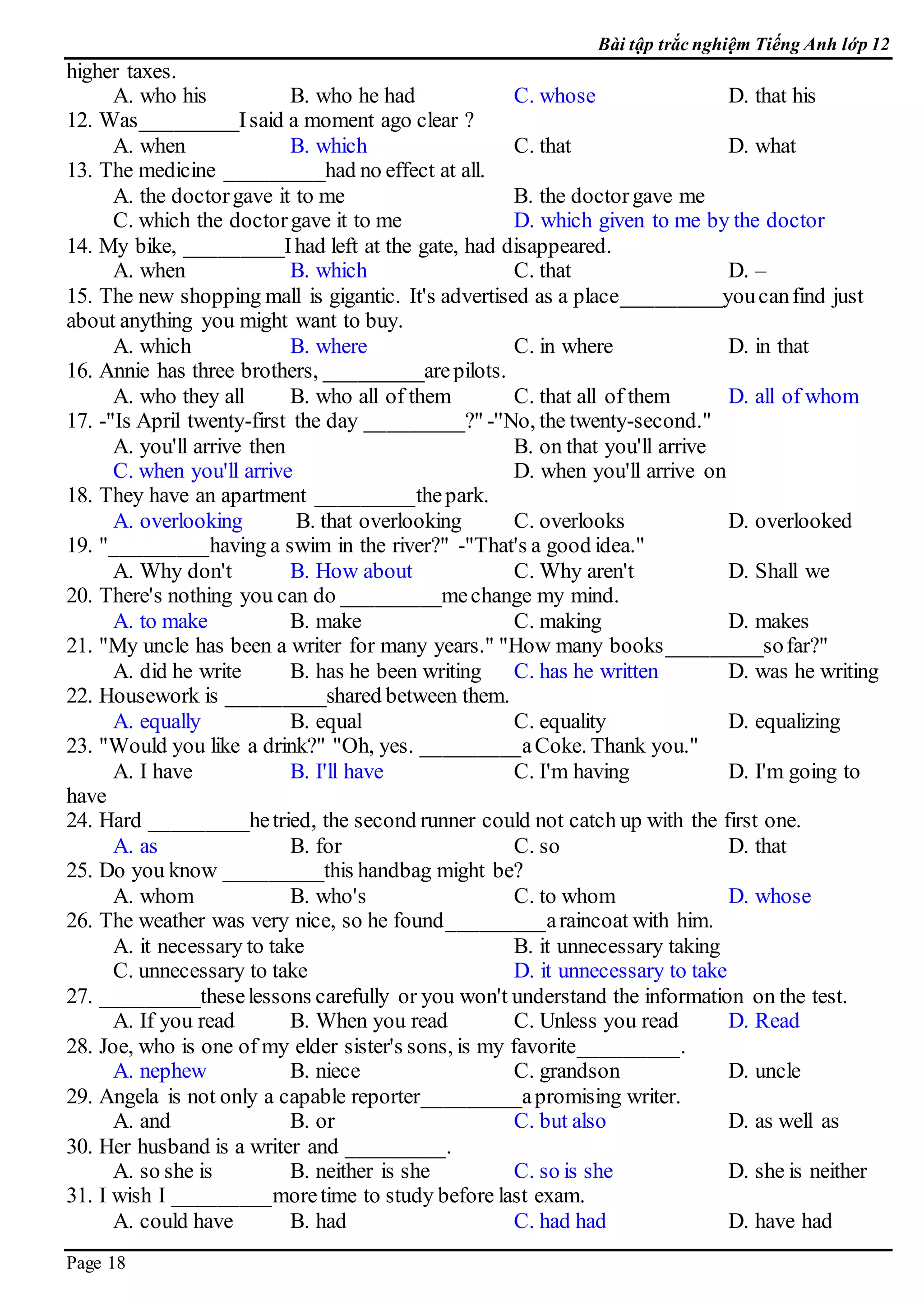 E 12  bai tap trac nghiem  keys 