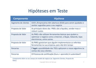 Hipóteses em Teste
Componente Hipótese
Segmento de clientes CEO’s /Empresários têm abertura (EGO) para serem ajudados e
aceitar sugestões para o seu negócio
Proposta de Valor As principais dores das PMEs são a liquidez, vender mais e
reduzir custos
Proposta de Valor As PMEs não utilizam ferramentas básicas que ajudam a
Copyright Fábrica de Startups 7
Proposta de Valor As PMEs não utilizam ferramentas básicas que ajudam a
optimizar o negócio como a Internet, o Skype, Adwords, lojas
electrónicas, entre outras.
Proposta de Valor As PMEs gostariam que alguém implementasse as referidas
ferramentas na sua empresa, pois não têm tempo
Parcerias É legal a possibilidade dos TOCs aplicarem o nosso algoritmo às
contas dos seus clientes.
Parcerias O Processo de certificação (Guru + aprendiz) é sustentável?
Componente refere-se aos campos do modelo de negócio (ex. Segmento Clientes, Proposta de
Valor)
 