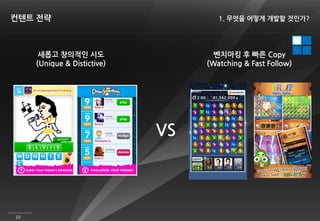 컨텐트 전략                               1. 무엇을 어떻게 개발할 것인가?




      새롭고 창의적인 시도                   벤치마킹 후 빠른 Copy
     (Unique & Distictive)        (Watching & Fast Follow)




                             VS




10
 