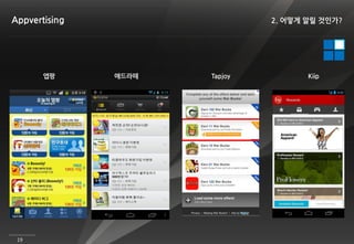 Appvertising                   2. 어떻게 알릴 것인가?




       앱팡      애드라떼   Tapjoy          Kiip




 19
 