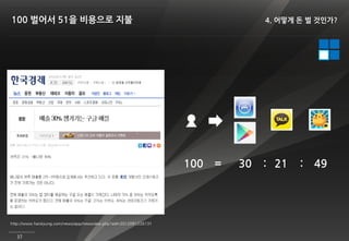 100 벌어서 51을 비용으로 지불                                                              4. 어떻게 돈 벌 것인가?




                                                                  100   =   30   : 21   :   49




http://www.hankyung.com/news/app/newsview.php?aid=2012091226131


  37
 