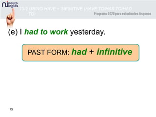 13
(e) I had to work yesterday.
PAST FORM: had + infinitive
13-2 USING HAVE + INFINITIVE (HAVE TO/HAS TO/HAD
TO)
 