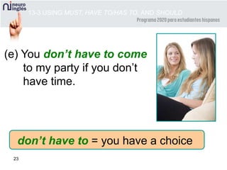 23
(e) You don’t have to come
to my party if you don’t
have time.
don’t have to = you have a choice
13-3 USING MUST, HAVE TO/HAS TO, AND SHOULD
 