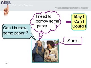 33
Can I borrow
some paper
Sure.
13-4 Let’s Practice
I need to
borrow some
paper.
May I
Can I
Could I___________
__________?
 