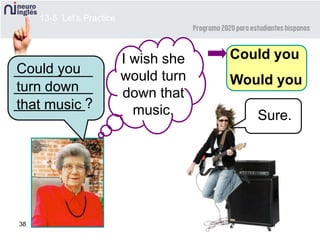 38
Could you
turn down
that music
I wish she
would turn
down that
music.
13-5 Let’s Practice
Could you
Would you
Sure.
__________
__________
_________?
 