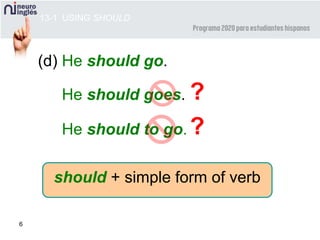 6
He should goes.
(d) He should go.
?
He should to go. ?
13-1 USING SHOULD
should + simple form of verb
 