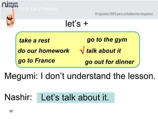 65
Megumi: I don’t understand the lesson.
Nashir: Let’s talk about it.
13-9 Let’s Practice
let’s +

take a rest
do our homework
go to the gym
talk about it
go out for dinnergo to France
 