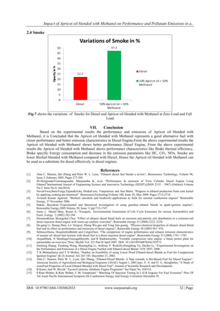 Impact of Apricot oil blended with Methanol on Performance and Pollutant Emissions in a..
DOI: 10.9790/1684-1303062833 www.iosrjournals.org 32 | Page
2.4 Smoke
Fig-7 shows the variations of Smoke for Diesel and Apricot oil blended with Methanol at Zero Load and Full
Load
VII. Conclusion
Based on the experimental results the performance and emissions of Apricot oil blended with
Methanol, it is Concluded that the Apricot oil blended with Methanol represents a good alternative fuel with
closer performance and better emission characteristics in Diesel Engine,From the above experimental results the
Apricot oil blended with Methanol shows better performance Diesel Engine, From the above experimental
results the Apricot oil blended with Methanol shows performance characteristics like Brake thermal efficiency,
Brake specific Energy consumption and decrease in the emission parameters like HC, CO2, NOx, Smoke are
lower Biofuel blended with Methanol compared with Diesel, Hence the Apricot oil blended with Methanol can
be used as a substitute for diesel effectively in diesel engines.
References
[1]. Alan C. Hansen, Qin Zhang and Peter W. L. Lyne, “Ethanol–diesel fuel blends a review”, Bioresource Technology, Volume 96,
Issue 3, February 2005, Pages 277-285.
[2]. Dr.HiregoudarYerrennagoudar, Manjunatha K, et.al. “Performance & emission of Twin Cylinder Diesel Engine Using
Ethanol”International Journal of Engineering Science and innovative Technology (IJESIT),(ISSN 2319 – 5967) (Online)) Volume
No.3, Issue No.4, July2014)
[3]. NevenVoca,BorisVarga,TajanaKricka, DuskaCuric, VanjaJurisic and Ana Matin, “Progress in ethanol production from corn kernel
by applying cooking pre-treatment” BioresourceTechnologyVolume 100, Issue 10, May 2009, Pages 2712-2718.
[4]. Avinash Kumar Agarwal, “Biofuels (alcohols and biodiesel) applications as fuels for internal combustion engines” Renewable
Energy, 27 November 2006.
[5]. Hakan, Bayraktar.“Experimental and theoretical investigation of using gasoline–ethanol blends in spark-ignition engines”,
Renewable Energy,2005;Volume 30, Issue 11:pp1733-1747.
[6]. Jason J, Daniel Marc, Rosen A, “Exergetic Environmental Assessment of Life Cycle Emissions for various Automobiles and
Fuels, Exergy 2 (2002) 283-294
[7]. HwanamKima, Byungchul Choi, “Effect of ethanol–diesel blend fuels on emission and particle size distribution in a common-rail
direct injection diesel engine with warm-up catalytic converter”, Renewable Energy 33 (2008) 2222–2228.
[8]. De-gang Li, Huang Zhen, Lu˘ Xingcai, Zhang Wu-gao and Yang Jian-guang, “Physico-chemical properties of ethanol–diesel blend
fuel and its effect on performance and emissions of diesel engines”, Renewable Energy 30 (2005) 967–976.
[9]. SehmusAltuna, HusamettinBulutb and CengizOner, “The comparison of engine performance and exhaust emission characteristics
of sesame oil–diesel fuel mixture with diesel fuel in a direct injection diesel engine”, Renewable Energy 33 (2008) 1791–1795.
[10]. AmjadShaik, N ShenbagaVinayagaMoorthi, and R Rudramoorthy, “Variable compression ratio engine: a future power plant for
automobiles an overview,”Proc. MechE Vol. 221 Part D April 2007. DOI: 10.1243/09544070JAUTO573.
[11]. Jincheng Huang, Yaodong Wang, Shuangding Li, Anthony P. Roskilly,Hongdong Yu, Huifen Li, “Experimental Investigation on
the Performance and Emissions of a Diesel Engine Fuelled with Ethanol-diesel Blend,”ATE 2697, 2008.
[12]. T K Bhattacharya and T N Mishra, “Studies on Feasibility of using Lower Proof Ethanol-diesel Blends as Fuel for Compression
Ignition Engines”,IE (I) Journal–AG 263 145, December 21, 2002.
[13]. Alan C. Hansen, Peter W. L. Lyne, Qin Zhang, “Ethanol-Diesel Blends: A Step towards A Bio-Based Fuel for Diesel Engines”,
American Society of Agricultural and Biological Engineers (ASAE) August 1, 2001Ajav, E. A. and O. A. Akingbehin, “A Study of
someFuel Properties of Local Ethanol Blended with Diesel Fuel”, Journal of Scientific Research and Development .
[14]. R.Kamo And W. Bryzik“ Tacom/Cummins Adiabatic Engine Programm” Sae Paper No. 830314.
[15]. P.Ram Mohan, K.Ram Mohan, C.M. Varaprasad “ Matching Of Injection Timing In L.H.R Engines For Fuel Economy” Proc Of
3rd Asian Pacific International Symposis On Combustion Energy And Energy Utilisation December 95.
 
