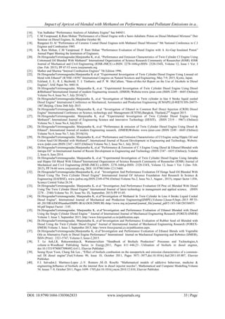 Impact of Apricot oil blended with Methanol on Performance and Pollutant Emissions in a..
DOI: 10.9790/1684-1303062833 www.iosrjournals.org 33 | Page
[16]. Van Sudhakar “Performance Analysis of Adiabatic Engine” Sae 840431.
[17]. C.M.Varaprasad, K.Ram Mohan “Performance of a Diesel Engine with a Semi-Adiabatic Piston on Diesel Methanol Mixtures” Dsir
Seminar on Diesel Engines, Iit, Mumbai October 88.
[18]. Rangaiaii Et Al “Performance of Ceramic Coated Diesel Engines with Methanol Diesel Mixtures” 9th National Conference in C.I
Engines and Combustion 1985.
[19]. K. Ram Mohan, C.M Varaprasad. P. Ram Hohan “Performance Evaluation of Diesel Engine with A Air-Gap Insulated Piston”
Annual Paper Meeting the Institution of Engineers.
[20]. Dr.HiregoudarYerrennagoudar,Manjunatha K, et.al, “Performance and Emission Characteristics of Twin Cylinder CI Engine Using
Cottonseed Oil Blended With Methanol” International Organization of Science Research Community of Researcher (IOSR) IOSR
Journal of Mechanical and Civil Engineering (IOSR-JMCE) e-ISSN: 2278-1684,p-ISSN: 2320-334X, Volume 12, Issue 1 Ver. I
(Jan- Feb. 2015), PP 47-53 www.iosrjournals.org
[21]. Mather and Sharma “Internal Combustion Engines” 7th Edition 1996.
[22]. Dr.HiregoudarYerrennagoudar,Manjunatha K et.al “Experimental Investigation of Twin Cylinder Diesel Engine Using Linseed oil
blend with Ethanol" (ICNSE-1439)” International Congress on Natural Sciences and Engineering, May 7-9, 2015, Kyoto, Japan.
[23]. Eckland, E. E.; R. L Bechtold; T. J. Timbario; and P. W. McCallum, “State-of-the-Art Report on the Use of Alcohols in Diesel
Engines”, SAE Paper No. 840118.
[24]. Dr.HiregoudarYerrennagoudar, Manjunatha K, et.al. “Experimental Investigation of Twin Cylinder Diesel Engine Using Diesel
&Methanol”International Journal of modern Engineering research, (IJMER) Website:www.ijmer.com (ISSN 2249 - 6645 (Online))
Volume No.4, Issue No.7, July 2014)(7)
[25]. Dr.HiregoudarYerrennagoudar,Manjunatha K, et.al “Investigation of Methanol in Twin cylinder in line 4 Stroke liquid cooled
Diesel Engine” International Conference on Mechanical, Aeronautics and Production Engineering (ICMAPE),II-RIETCHN-26075-
1467,Beijing, China 26th July 2015.
[26]. Dr.HiregoudarYerrennagoudar, Manjunatha K, et.al “Investigation of Ethanol in Common Rail Direct Injection (CRDI) Diesel
Engine” International Conference on Science, technology and Management (ICSTM),Bangkok, Thailand,2nd
August 2015.
[27]. Dr.HiregoudarYerrennagoudar, Manjunatha K, et.al “Experimental Investigation of Twin Cylinder Diesel Engine Using
Methanol”, International Journal of Engineering Science and innovative Technology (IJESIT), (ISSN 2319 – 5967) (Online))
Volume No.3, Issue No.4, July2014).
[28]. Dr.HiregoudarYerrennagoudar, Manjunatha K, et.al “Performance & emission of Twin Cylinder Diesel Engine Using Diesel &
Ethanol”, International Journal of modern Engineering research, (IJMER)Website: www.ijmer.com (ISSN 2249 - 6645 (Online))
Volume No.4, Issue No.7, July 2014)(16).
[29]. Dr.HiregoudarYerrennagoudar, Manjunatha K, et.al “Performance and Emission Characteristics of CI Engine using Hippie Oil and
Cotton Seed Oil Blended with Methanol”, International Journal of Recent Development in Engineering and Technology, Website:
www.ijrdet.com (ISSN 2347 - 6435 (Online)) Volume No.3, Issue No.1, July 2014).
[30]. Dr.HiregoudarYerrennagoudar,Manjunatha K, et.al “Performance & Emission of C I Engine Using Diesel & Ethanol Blended with
Jatropa Oil” in International Journal of Recent Development in Engineering and Technology (ISSN 2347 - 6435 (Online)), Volume
2, Issue 6, June 2014.
[31]. Dr.HiregoudarYerrennagoudar, Manjunatha K, et.al ”Experimental Investigation of Twin Cylinder Diesel Engine Using Jatropha
and Hippie Oil Blend With Ethanol”International Organization of Science Research Community of Researcher (IOSR) Journal of
Mechanical and Civil Engineering (IOSR-JMCE) e-ISSN: 2278-1684,p-ISSN: 2320-334X, Volume 12, Issue 1 Ver. I (Jan- Feb.
2015), PP 54-60 www.iosrjournals.org, DOI: 10.9790/1684-12115460.
[32]. Dr.HiregoudarYerrennagoudar,Manjunatha K, et.al “Investigation And Performance Evaluation Of Honge Seed Oil Blended With
Diesel Using The Twin Cylinder Diesel Engine” International Journal Of Advance Foundation And Research In Science &
Engineering (IJAFRSE), www.ijafrse.org,ISSN:2349-4794 (Online) Volume No.2, Issue No.3, August , 2015), impact factor 1.036,
Science Central Value:26.54.
[33]. Dr.HiregoudarYerrennagoudar, Manjunatha K, et.al “Investigation And Performance Evaluation Of Pine oil Blended With Diesel
Using The Twin Cylinder Diesel Engine” International Journal of latest technology in management and applied science, (ISSN
2278 – 2540) Volume No. IV, Issue No. IX, September, 2015) PP 01-05.
[34]. Dr.HiregoudarYerrennagoudar, Manjunatha K, et.al"Investigation of Methanol In Twin Cylinder In Line 4 Stroke Liquid Cooled
Diesel Engine", International Journal of Mechanical and Production Engineering(IJMPE),Volume-3,Issue-9,Sept.-2015 PP 55-
60 ,2015IRAJDOINumberIJMPE-IRAJ-DOI-2909URL-http://www.iraj.in/journal/journal_file/journal_pdf/2-183-144128334855-
60.pdf Impact Factor : 3.05.
[35]. Dr.HiregoudarYerrennagoudar, Manjunatha K, et.al“Investigation and Performance Evaluation of Ethanol Blended with Diesel
Using the Single Cylinder Diesel Engine ” Journal of International Journal of Mechanical Engineering Research (FOREX-IJMER)
Volume 3, Issue 3, September 2015, http://www.forexjournal.co.in/publication.aspx.
[36]. Dr.HiregoudarYerrennagoudar, Manjunatha K, et.al“Investigation and Performance Evaluation of Rubber Seed oil Blended with
Diesel Using the Twin Cylinder Diesel Engine” Journal of International Journal of Mechanical Engineering Research (FOREX-
IJMER) Volume 3, Issue 3, September 2015, http://www.forexjournal.co.in/publication.aspx.
[37]. Dr.HiregoudarYerrennagoudar,Manjunatha K, et.al“Investigation and Performance Evaluation of Ethanol Blends with Vegetable
Oils as Alternative Fuels in Diesel Engine Performance” International Journal on Mechanical Engineering and Robotics (IJMER),
ISSN (Print) : 2321-5747, Volume-3, Issue-2,2015.
[38]. T. Le Anh,I.K. Reksowardojo,K. Wattanavichien “Handbook of Biofuels Production” Processes and Technologies,A
volume in Woodhead Publishing Series in Energy,2011, Pages 611–646,23 – Utilisation of biofuels in diesel engines,
doi:10.1533/9780857090492.4.611, Elsevier Publisher.
[39]. Seung Hyun Yoon, Chang Sik Lee , “Effect of biofuels combustion on the nanoparticle and emission characteristics of a common-
rail DI diesel engine”,Fuel,Volume 90, Issue 10, October 2011, Pages 3071–3077,doi:10.1016/j.fuel.2011.05.007, Elsevier
Publisher.
[40]. F.J. Salvador,J. Martínez-Lopez ,J.-V. Romero ,M.-D. Rosello “Mathematical models of addictive behaviour, medicine &
engineering,Influence of biofuels on the internal flow in diesel injector nozzles”, Mathematical and Computer Modelling,Volume
54, Issues 7–8, October 2011, Pages 1699–1705,doi:10.1016/j.mcm.2010.12.010, Elsevier Publisher.
 
