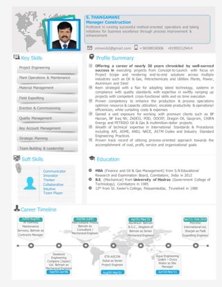 Key Skills Profile Summary
Offering a career of nearly 30 years chronicled by well-earned
success in executing projects from Concept-to-Launch with focus on
Project Scope and rendering end-to-end solutions across multiple
industries such as Oil & Gas, Petrochemicals and Utilities Plants, Power,
Aluminium and Steel
Keen strategist with a flair for adopting latest technology, systems in
compliance with quality standards with expertise in swiftly ramping up
projects with competent cross-functional skills and on time execution
Proven competency to enhance the production & process operations
optimize resource & capacity utilization; escalate productivity & operational
efficiencies; while curtailing costs & expenses
Gained a vast exposure for working with premium clients such as BP
Hazzan, BP Iraq NV, ZADCO, PDO, OOCEP, Dragon Oil, Gazprom, CAIRN
Energy and PETRIXO Oil & Gas & multimillion-dollar projects.
Wealth of technical expertise in International Standards & Procedures
including API, ASME, ANSI, NACE, ASTM Codes and Industry Standard
Engineering Practices
Proven track record of utilizing process-oriented approach towards the
accomplishment of cost, profit, service and organizational goals
Soft Skills Education
MBA (Finance and Oil & Gas Management) from S.N Educational
Research and Examination Board, Coimbatore, India in 2012
B.E. (Mechanical) from University of Madras (Government College of
Technology), Coimbatore in 1985
12th from St. Xavier’s College, Palayamkottai, Tirunelveli in 1980
Career Timeline
Jul’92-Aug’93
Al Tawfeeq
Maintenance
Services, Bahrain as
Contracts Manager
Feb’96-Jul’97
Mott Ewbank Preece
Bahrain as
Consultant /
Mechanical Engineer
Apr’01-May’10
Aluminium Bahrain
B.S.C., Kingdom of
Bahrain as Senior
Mechanical Engineer
Sasakura
Engineering
Company (Japan)
Ltd. Bahrain as
Mechanical Engineer
Sep’93-Jan’96
ETA ASCON
Dubai as Senior
Project Engineer
Aug’97-Mar’01
Aqua Engineering
GmbH – Ovivo
Water as Site
Manager
Jun’10-Nov’11
Project Engineering
Plant Operations & Maintenance
Material Management
Field Expediting
Erection & Commissioning
Quality Management
Key Account Management
Strategic Planning
Team Building & Leadership
S. THANGAMANI
Manager Construction
Proficient in running successful method-oriented operations and taking
initiatives for business excellence through process improvement &
enhancement
stmani62@gmail.com + 96598558306 +919952129414
+965988989871501083292
971551239117, +919952129414
Communicator
Innovator
Thinker
Collaborative
Intuitive
Team Player
Dec’11- Feb 2016
Petrofac
International Ltd,
Sharjah as Field
Expediting Engineer
 
