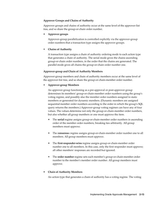 Implementing Oracle Approvals Management 2-13
Approver Groups and Chains of Authority
Approver groups and chains of authority occur at the same level of the approver-list
tree, and so share the group-or-chain order number.
• Approver groups
Approver-group parallelization is controlled explicitly via the approver-group
order numbers that a transaction type assigns the approver groups.
• Chains of Authority
A transaction type assigns a chain of authority ordering mode to each action type
that generates a chain of authority. The serial mode gives the chains ascending
group-or-chain order numbers, in the order that the chains are generated. The
parallel mode gives all chains the group-or-chain order number one.
Approver-group and Chain of Authority Members
Approver-group members and chain of authority members occur at the same level of
the approver-list tree, and so share the group-or-chain-member order number.
• Approver-group Members
An approver group functioning as a pre-approval or post-approver group
determines its members' group-or-chain-member order numbers using the group's
voting regime, and possibly also the member order numbers assigned to static
members or generated for dynamic members. (Dynamic members are assigned
sequential member order numbers according to the order in which the group's SQL
query returns the members.) Approver-group voting regimes can have any of four
values. The values determine not only the group-or-chain-member order numbers,
but also whether all group members or one must approve the item.
• The serial regime assigns group-or-chain-member order numbers in ascending
order of the member order numbers, breaking ties arbitrarily. All group
members must approve.
• The consensus regime assigns group-or-chain-member order number one to all
members. All group members must approve.
• The first-responder-wins regime assigns group-or-chain-member order
number one to all members. In this case, only the first responder must approve;
all other members' responses are recorded but ignored.
• The order number regime sets each member's group-or-chain-member order
number to the member's member order number. All group members must
approve.
• Chain of Authority Members
An action type that generates a chain of authority has a voting regime. The voting
 