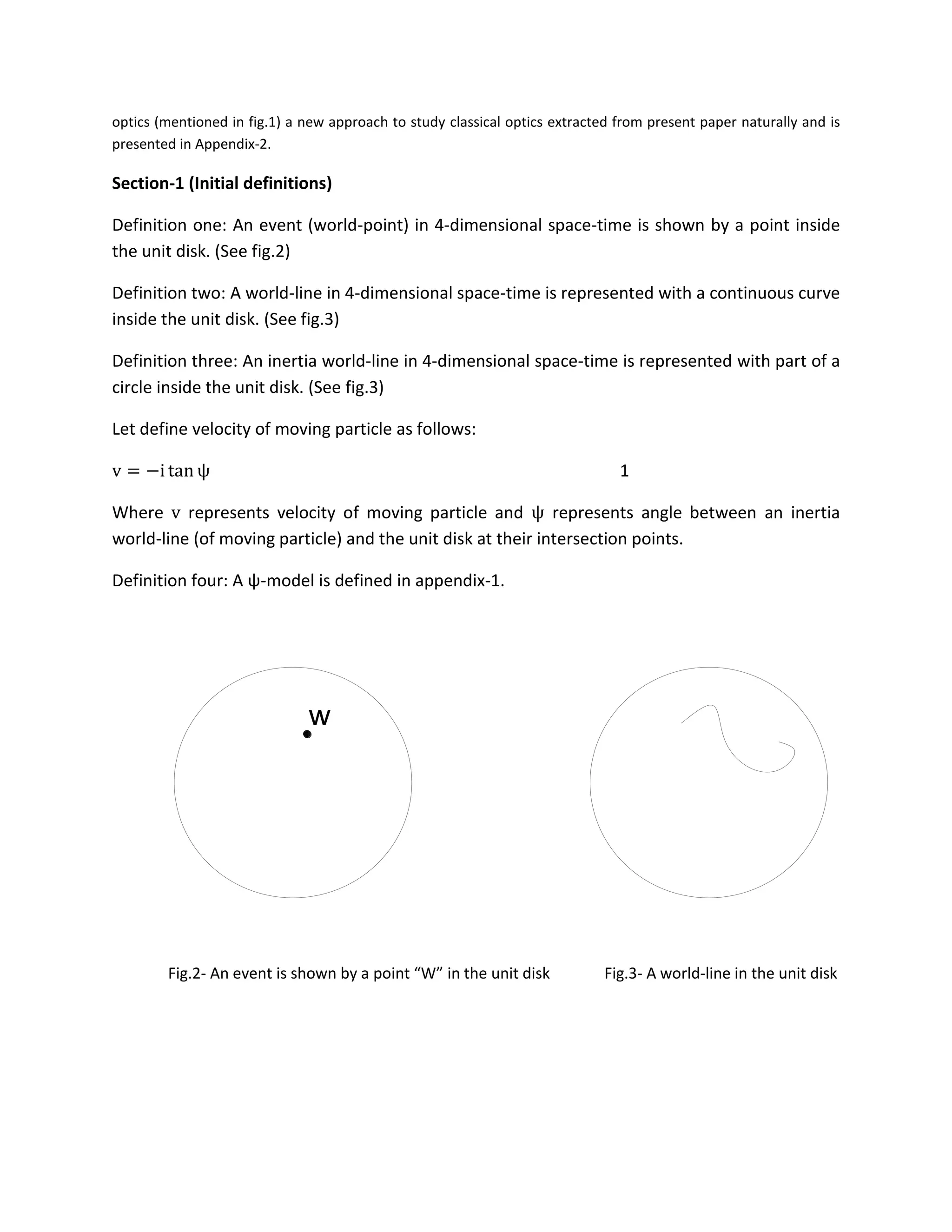 optics (mentioned in fig.1) a new approach to study classical optics extracted from present paper naturally and is
presented in Appendix-2.
Section-1 (Initial definitions)
Definition one: An event (world-point) in 4-dimensional space-time is shown by a point inside
the unit disk. (See fig.2)
Definition two: A world-line in 4-dimensional space-time is represented with a continuous curve
inside the unit disk. (See fig.3)
Definition three: An inertia world-line in 4-dimensional space-time is represented with part of a
circle inside the unit disk. (See fig.3)
Let define velocity of moving particle as follows:
v = −i tan ψ 1
Where v represents velocity of moving particle and ψ represents angle between an inertia
world-line (of moving particle) and the unit disk at their intersection points.
Definition four: A ψ-model is defined in appendix-1.
w
Fig.2- An event is shown by a point “W” in the unit disk Fig.3- A world-line in the unit disk
 