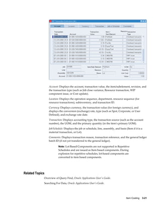 Item Costing    3-21
Account: Displays the account, transaction value, the item/subelement, revision, and
the transaction type (such as Job close variance, Resource transaction, WIP
component issue, or Cost update).
Location: Displays the operation sequence, department, resource sequence (for
resource transactions), subinventory, and transaction ID.
Currency: Displays currency, the transaction value (for foreign currency), and
displays the conversion (exchange) rate, type (such as Spot, Corporate, or User
Defined), and exchange rate date.
Transaction: Displays accounting type, the transaction source (such as the account
number), the UOM, and the primary quantity (in the item's primary UOM).
Job/Schedule: Displays the job or schedule, line, assembly, and basis (Item if it is a
material transaction, or Lot).
Comments: Displays transaction reason, transaction reference, and the general ledger
batch ID (if not yet transferred to the general ledger).
Note: Lot Based Components are not supported in Repetitive
Schedules and are issued as Item based components. During
explosion for repetitive schedules, lot-based components are
converted to item based components.
Related Topics
Overview of Query Find, Oracle Applications User's Guide.
Searching For Data, Oracle Applications User's Guide.
 