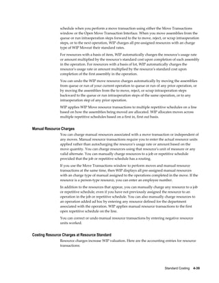 Standard Costing    4-39
schedule when you perform a move transaction using either the Move Transactions
window or the Open Move Transaction Interface. When you move assemblies from the
queue or run intraoperation steps forward to the to move, reject, or scrap intraoperation
steps, or to the next operation, WIP charges all pre-assigned resources with an charge
type of WIP Moveat their standard rates.
For resources with a basis of item, WIP automatically charges the resource's usage rate
or amount multiplied by the resource's standard cost upon completion of each assembly
in the operation. For resources with a basis of lot, WIP automatically charges the
resource's usage rate or amount multiplied by the resource's standard cost upon
completion of the first assembly in the operation.
You can undo the WIP move resource charges automatically by moving the assemblies
from queue or run of your current operation to queue or run of any prior operation, or
by moving the assemblies from the to move, reject, or scrap intraoperation steps
backward to the queue or run intraoperation steps of the same operation, or to any
intraoperation step of any prior operation.
WIP applies WIP Move resource transactions to multiple repetitive schedules on a line
based on how the assemblies being moved are allocated. WIP allocates moves across
multiple repetitive schedules based on a first in, first out basis.
Manual Resource Charges
You can charge manual resources associated with a move transaction or independent of
any moves. Manual resource transactions require you to enter the actual resource units
applied rather than autocharging the resource's usage rate or amount based on the
move quantity. You can charge resources using that resource's unit of measure or any
valid alternate. You can manually charge resources to a job or repetitive schedule
provided that the job or repetitive schedule has a routing.
If you use the Move Transactions window to perform moves and manual resource
transactions at the same time, then WIP displays all pre-assigned manual resources
with an charge type of manual assigned to the operations completed in the move. If the
resource is a person-type resource, you can enter an employee number.
In addition to the resources that appear, you can manually charge any resource to a job
or repetitive schedule, even if you have not previously assigned the resource to an
operation in the job or repetitive schedule. You can also manually charge resources to
an operation added ad hoc by entering any resource defined for the department
associated with the operation. WIP applies manual resource transactions to the first
open repetitive schedule on the line.
You can correct or undo manual resource transactions by entering negative resource
units worked.
Costing Resource Charges at Resource Standard
Resource charges increase WIP valuation. Here are the accounting entries for resource
transactions:
 