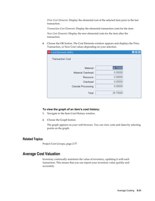 Average Costing    5-31
Prior Cost Elements: Display the elemental cost of the selected item prior to the last
transaction.
Transaction Cost Elements: Display the elemental transaction costs for the item.
New Cost Elements: Display the new elemental costs for the item after the
transaction.
4. Choose the OK button. The Cost Elements window appears and displays the Prior,
Transaction, or New Cost values depending on your selection.
To view the graph of an item's cost history:
1. Navigate to the Item Cost History window.
2. Choose the Graph button.
The graph appears on your web browser. You can view costs and dates by selecting
points on the graph.
Related Topics
Project Cost Groups, page 2-77
Average Cost Valuation
Inventory continually maintains the value of inventory, updating it with each
transaction. This means that you can report your inventory value quickly and
accurately.
 