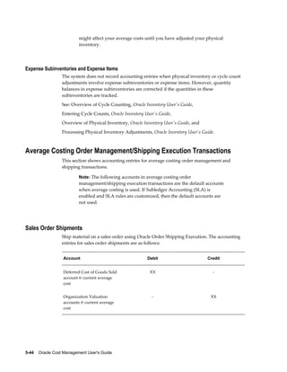 5-44    Oracle Cost Management User's Guide
might affect your average costs until you have adjusted your physical
inventory.
Expense Subinventories and Expense Items
The system does not record accounting entries when physical inventory or cycle count
adjustments involve expense subinventories or expense items. However, quantity
balances in expense subinventories are corrected if the quantities in these
subinventories are tracked.
See: Overview of Cycle Counting, Oracle Inventory User's Guide,
Entering Cycle Counts, Oracle Inventory User's Guide,
Overview of Physical Inventory, Oracle Inventory User's Guide, and
Processing Physical Inventory Adjustments, Oracle Inventory User's Guide.
Average Costing Order Management/Shipping Execution Transactions
This section shows accounting entries for average costing order management and
shipping transactions.
Note: The following accounts in average costing order
management/shipping execution transactions are the default accounts
when average costing is used. If Subledger Accounting (SLA) is
enabled and SLA rules are customized, then the default accounts are
not used.
Sales Order Shipments
Ship material on a sales order using Oracle Order Shipping Execution. The accounting
entries for sales order shipments are as follows:
Account Debit Credit
Deferred Cost of Goods Sold
account @ current average
cost
XX -
Organization Valuation
accounts @ current average
cost
- XX
 