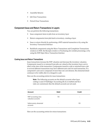 FIFO and LIFO Costing    6-53
• Assembly Returns
• Job Close Transactions
• Period Close Transactions
Component Issue and Return Transactions in Layers
You can perform the following transactions:
• Issue component items to jobs from an inventory layer
• Return components from jobs back to inventory, creating a layer
• Issue or return directly by performing a WIP material transaction or by using the
Inventory Transaction Interface
• Backflush components using the Move Transactions and Completion Transactions
windows in WIP, the Receipts window in Purchasing (for outside processing), or by
using the WIP Open Move Transaction Interface
Costing Issue and Return Transactions
Issue transactions increase the WIP valuation and decrease the inventory valuation.
Components issued to or returned from jobs are valued at the inventory layer cost in
effect at the time of the transaction. Components issued to a job or returned from a job
in several different transactions may have different unit costs for each transaction. If a
component's unit cost is composed of more than one cost element, this elemental detail
continues to be visible after it is charged to a job.
Here are the accounting entries for issue transactions:
Note: The following accounts are the default accounts when layer
costing is used. If Subledger Accounting (SLA) is enabled and SLA
rules are customized, then the default accounts are not used.
Account Debit Credit
WIP accounting class
valuation accounts
XX -
Subinventory elemental
accounts
- XX
Here are the accounting entries for return transactions:
 